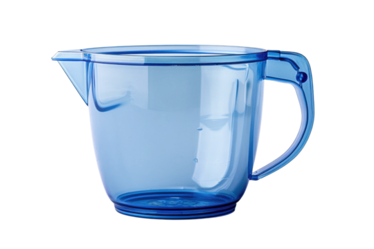 A transparent light blue pitcher with a handle and measuring marks set against a dark background, ideal for kitchen use.