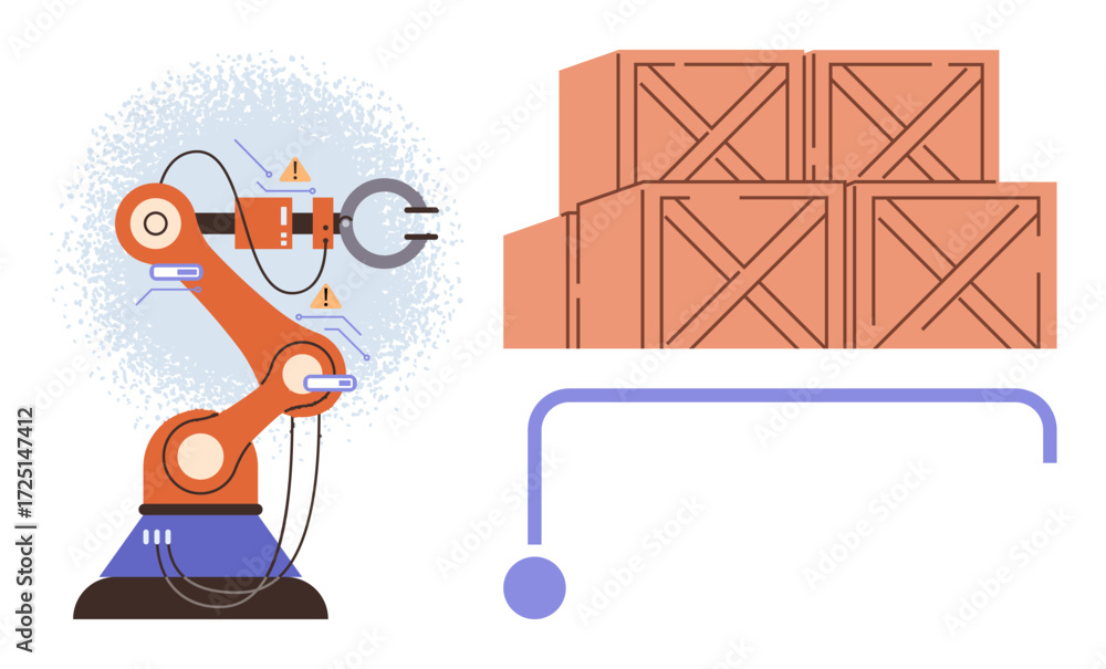 Aufkleber robotic arm handling multiple wooden crates on cart, emphasizing automation, productivity, and innov