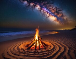 beach party bonfire on the beach at night with a starry sky in the background