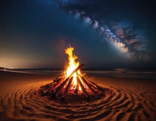 beach party bonfire on the beach at night with a starry sky in the background