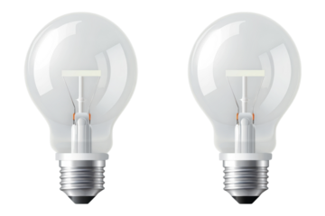 Two clear light bulbs against a dark background. Represents ideas, energy efficiency, and creative solutions. Stock image for innovation and design.