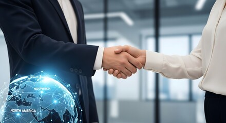 Business Professionals Shaking Hands in Modern Office with Digital Globe Overlay, International Partnership, Network Connection, Global Agreement, Corporate Collaboration, Professional Deal