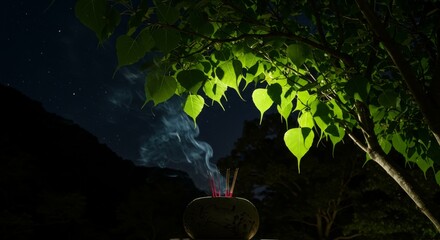 Bodhi Day, Bodhi tree leaves glowing under moonlight, incense smoke rising