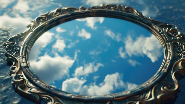 A mirror reflects the cloudy sky with fluffy white clouds
