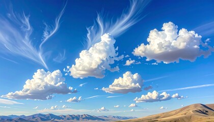 Expansive sky with fluffy clouds and distant mountains