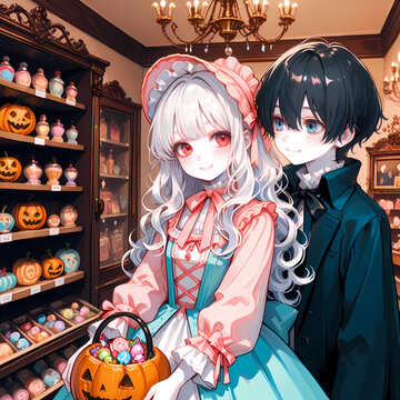 キャンディショップとカップル。アルビノの少女と碧眼の少年のハロウィン。日本の漫画風のAIイラス