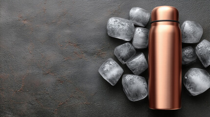 Sleek copper water bottle surrounded by refreshing ice cubes on a dark textured surface