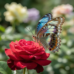 A vibrant Clipper butterfly on a deep red rose, showcasing the beauty of nature's delicate balance and stunning color palette.
