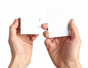 Two hands hold two blank pieces of paper, one slightly separated from the other