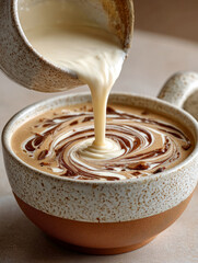 Cream pours into a speckled cup with swirling coffee.