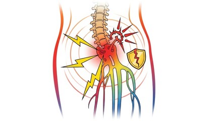 Anatomical Back Pain Illustration with Spine, Nerves and Damage