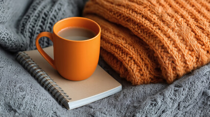 Cozy morning ritual with warm coffee notebook and knitted blanket relaxation and inspiration