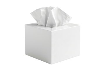 A white square facial tissue box against a black backdrop. Tissues extend from the top of the box, ready for use. Clean, minimalist design.