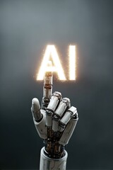 Futuristic robotic hand touching glowing AI letters symbolizing artificial intelligence innovation