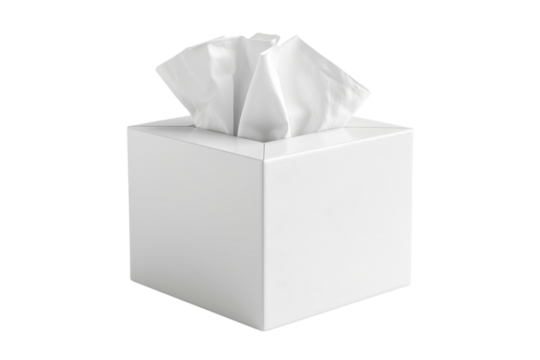 A white square facial tissue box against a black backdrop. Tissues extend from the top of the box, ready for use. Clean, minimalist design.