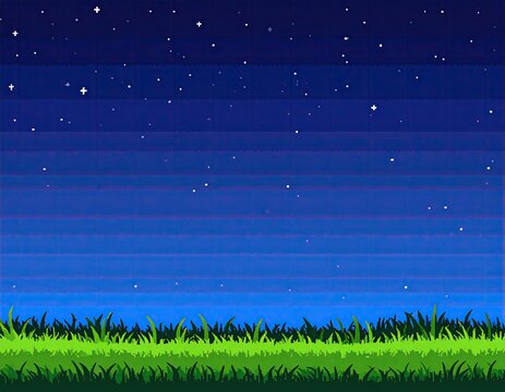 Pixelated night sky over a grassy field
