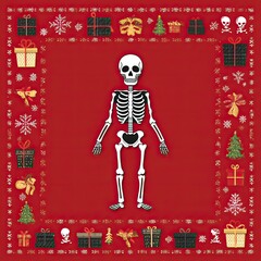 Skeleton with festive Christmas border of gifts trees bows and snowflakes on red background