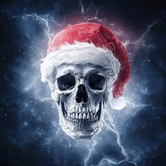 Creepy skull in Santa hat with lightning storm dark surreal Christmas horror illustration