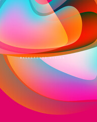 Abstract colorful waves overlap, creating vibrant gradients. Smooth shapes blend, forming dynamic background design. Bright hues dominate composition.