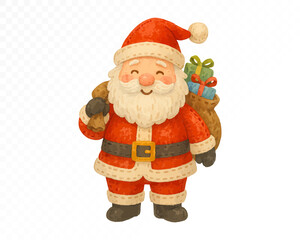 Obraz premium Felt Santa Claus ornament with stitched edges, carrying a brown sack filled with colorful gifts, red suit and white beard, cozy handmade Christmas decoration. Watercolor vector illustration.