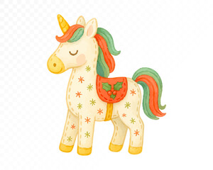 Fototapeta premium Christmas felt unicorn toy with stitched edges, red and green festive mane and tail, golden horn, decorated saddle with holly leaves, cozy handmade holiday decoration. Watercolor vector illustration.