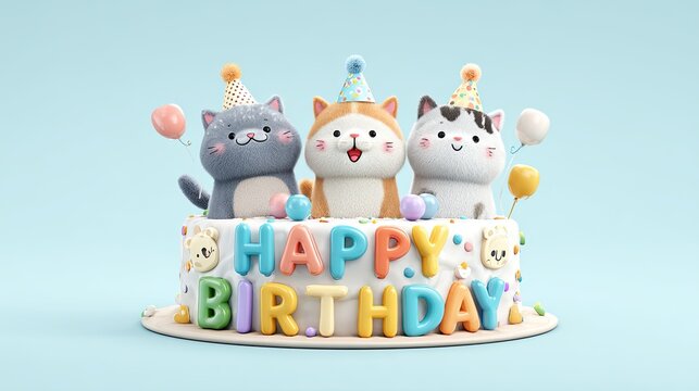 Cute birthday cake with three cartoon cats wearing party hats and balloons on pastel background design