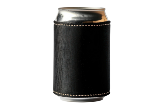 Sleek silver can wrapped in a black holder. Minimalist object shot with plain black backdrop. Stylish drinkware accessory with textured design.