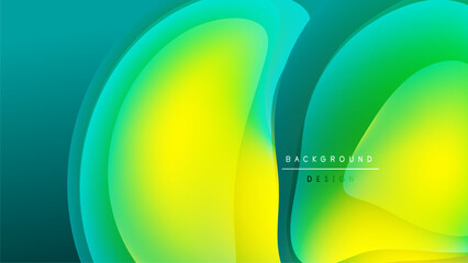 Abstract fluid shapes, vibrant green yellow hues. Modern design, dark background creates contrast, smooth gradients present.