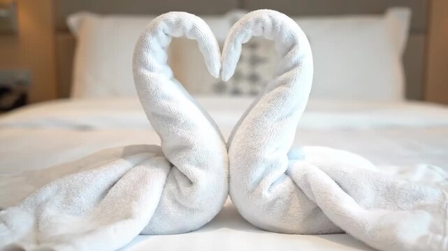 Swan Towels Forming a Heart Shape on a Hotel Bed in Luxury Suite, Morning in the Honeymoon Suite