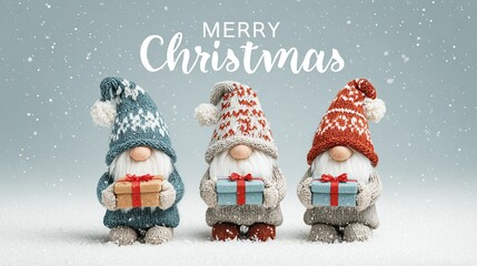 Three cute Christmas gnomes in knitted hats holding gifts with red ribbons in snowy winter scene