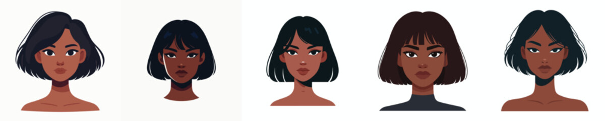 Vector Avatar of a woman's face with asymmetrical bob hair, dark skin, confident expression