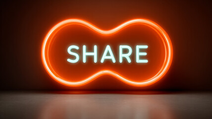 Neon share sign glowing against dark background.
