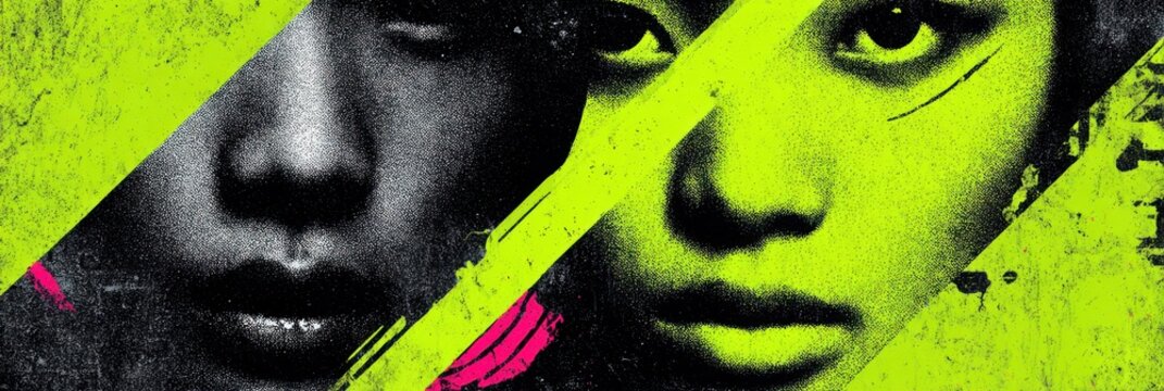 Two Faces Displayed in Striking Green and Pink Artistic Style, Showcasing Emotion and Intensity in a Modern and Abstract Form