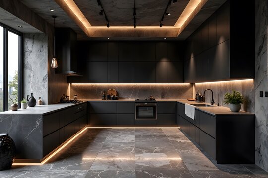 Modern black kitchen with LED lighting and marble floor.