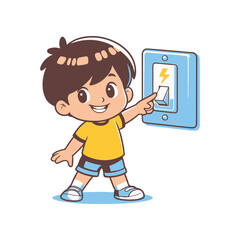 A cheerful child in a yellow shirt turning on a light switch in a bright, playful room