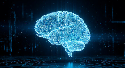 Digital brain concept illustrating artificial intelligence and machine learning. Glowing neural network symbolizes data processing, innovation, and cognitive technology in a futuristic environment