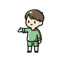 A cheerful child in green sportswear gestures playfully, set against a simple white background
