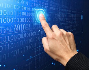 Hand touching a glowing digital button on a background of binary code
