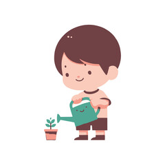 A cheerful child watering a small plant in a pot, showcasing nurturing and growth in a simple setting