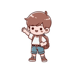 A cheerful child waving while wearing a backpack, set against a simple, clean background