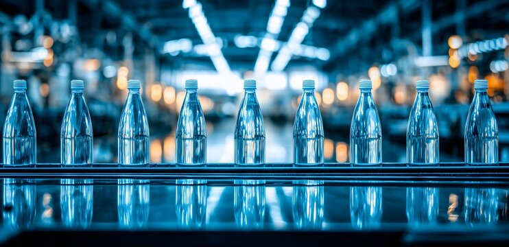 Water bottles moving on conveyor belt in bottling plant