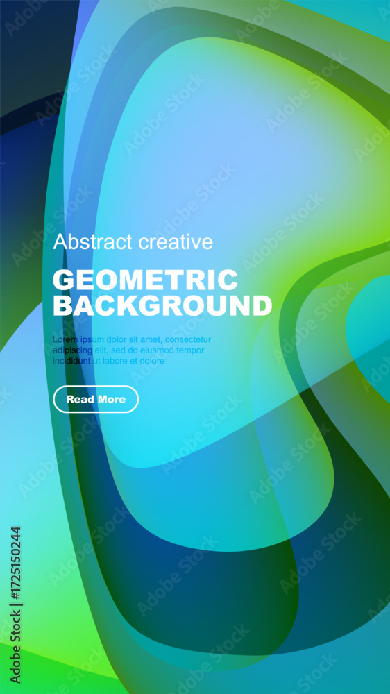 Poster abstract design features overlapping colorful shapes. text present includes title, sample text, butt