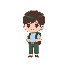 A cheerful young boy with a backpack standing confidently, ready for school in a simple background