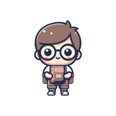 A cheerful young student holding a book, standing confidently with a backpack, in a bright, playful style