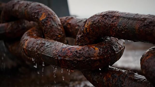 Heavy, Old, and Wet Rusty Metal Chain on Display Near the Ocean at the Maritime Museum in the Afternoon