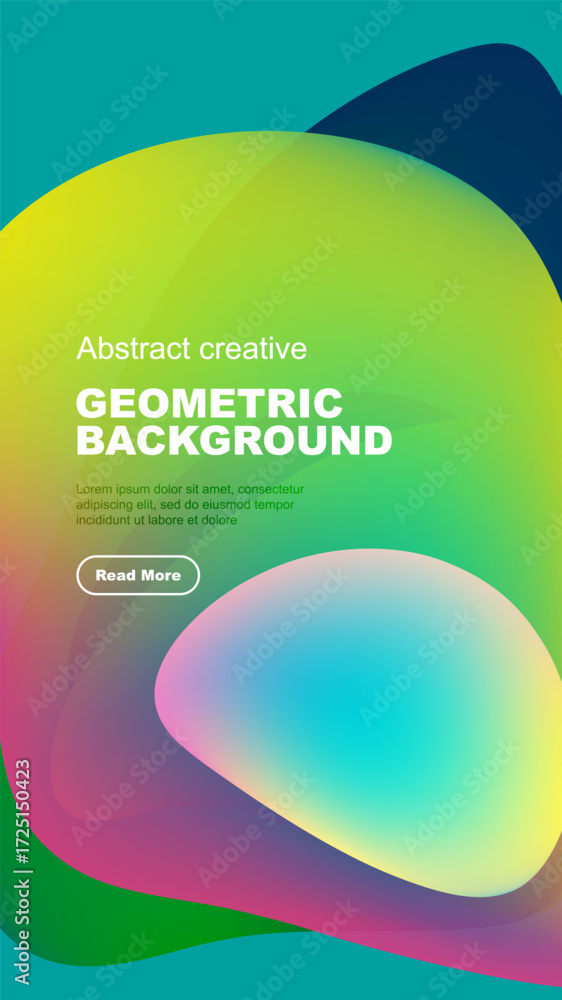 Poster abstract colorful geometric shapes overlap black background. text present, button visible. modern de