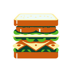 A colorful sandwich stacked high with fresh vegetables, cheese, and bread against a white background