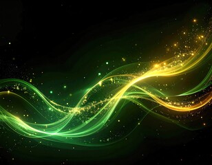 Obraz premium Abstract swirling green and gold lines with shimmering particles on a black background