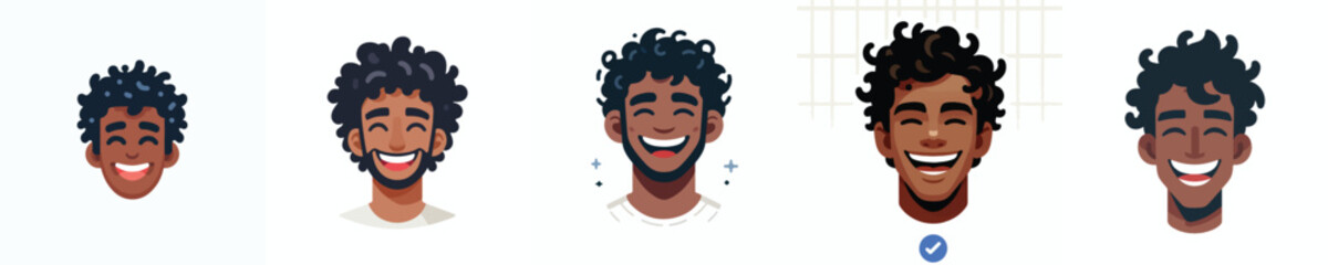 Vector Avatar of a man's face with curly hair, dark skin, laughing expression