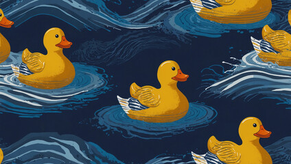 Playful Yellow Rubber Duck on Blue and White Striped Waves – Minimalist Whimsical Toy Design